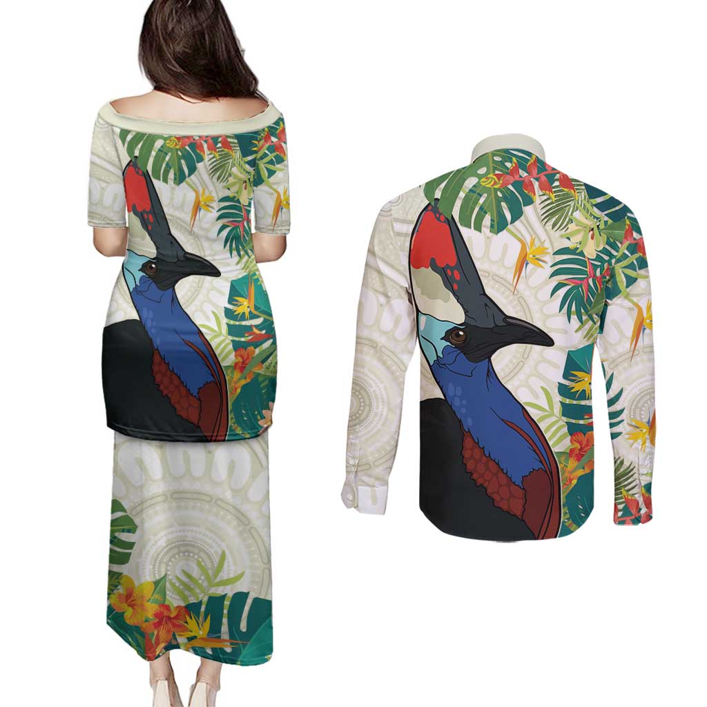 Cassowary Australia Couples Matching Puletasi and Long Sleeve Button Shirt Tropical Flowers Mix Aboriginal Art