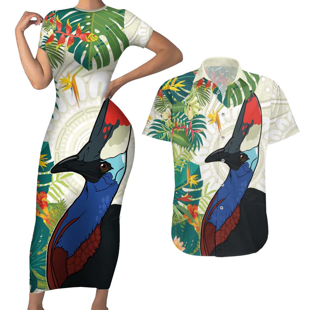 Cassowary Australia Couples Matching Short Sleeve Bodycon Dress and Hawaiian Shirt Tropical Flowers Mix Aboriginal Art