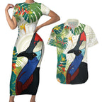 Cassowary Australia Couples Matching Short Sleeve Bodycon Dress and Hawaiian Shirt Tropical Flowers Mix Aboriginal Art
