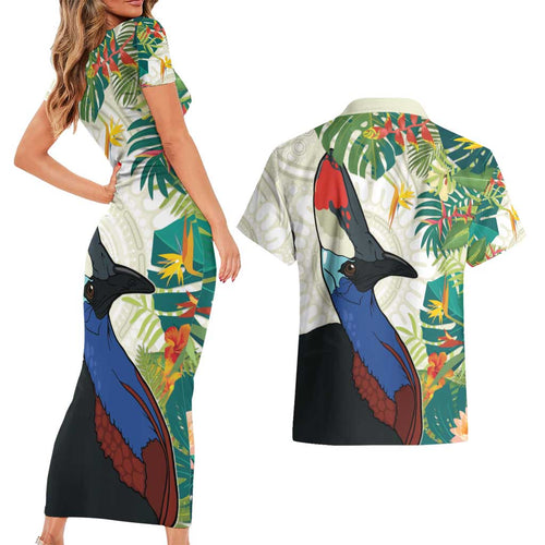 Cassowary Australia Couples Matching Short Sleeve Bodycon Dress and Hawaiian Shirt Tropical Flowers Mix Aboriginal Art