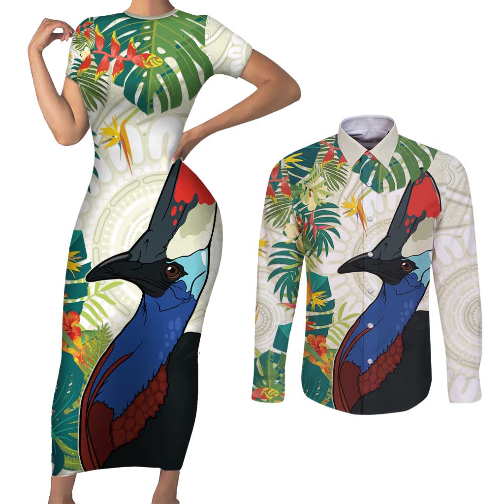 Cassowary Australia Couples Matching Short Sleeve Bodycon Dress and Long Sleeve Button Shirt Tropical Flowers Mix Aboriginal Art