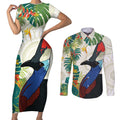 Cassowary Australia Couples Matching Short Sleeve Bodycon Dress and Long Sleeve Button Shirt Tropical Flowers Mix Aboriginal Art