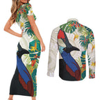 Cassowary Australia Couples Matching Short Sleeve Bodycon Dress and Long Sleeve Button Shirt Tropical Flowers Mix Aboriginal Art