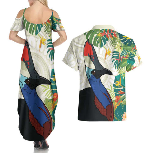 Cassowary Australia Couples Matching Summer Maxi Dress and Hawaiian Shirt Tropical Flowers Mix Aboriginal Art