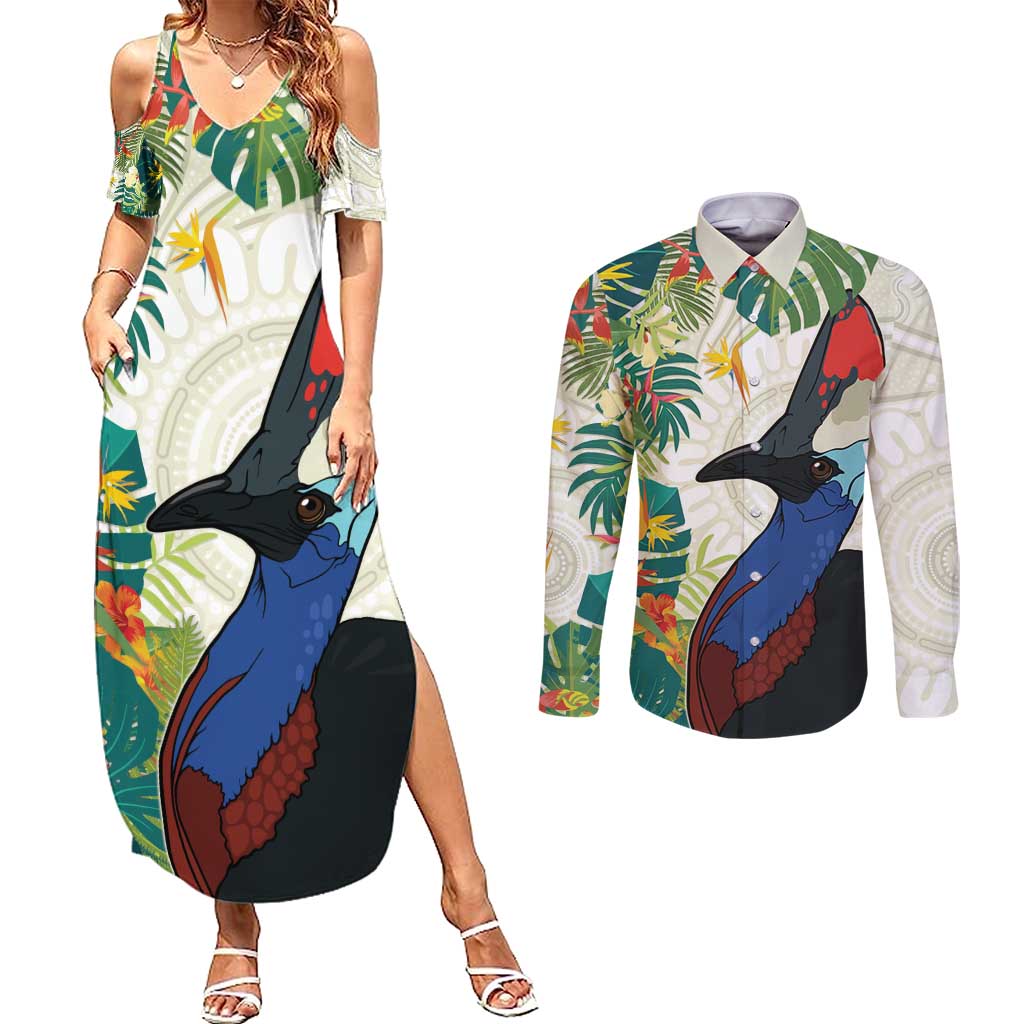 Cassowary Australia Couples Matching Summer Maxi Dress and Long Sleeve Button Shirt Tropical Flowers Mix Aboriginal Art