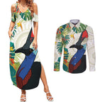 Cassowary Australia Couples Matching Summer Maxi Dress and Long Sleeve Button Shirt Tropical Flowers Mix Aboriginal Art