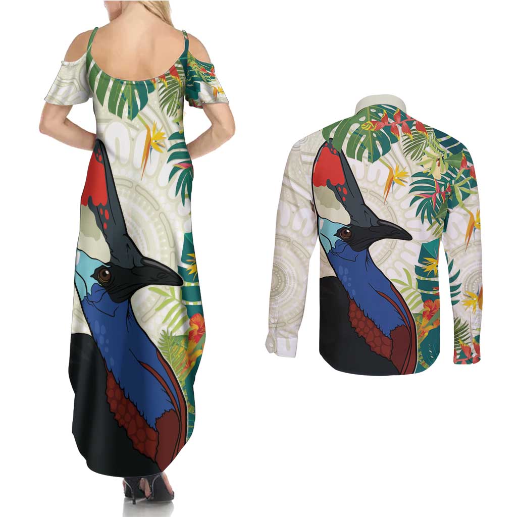 Cassowary Australia Couples Matching Summer Maxi Dress and Long Sleeve Button Shirt Tropical Flowers Mix Aboriginal Art