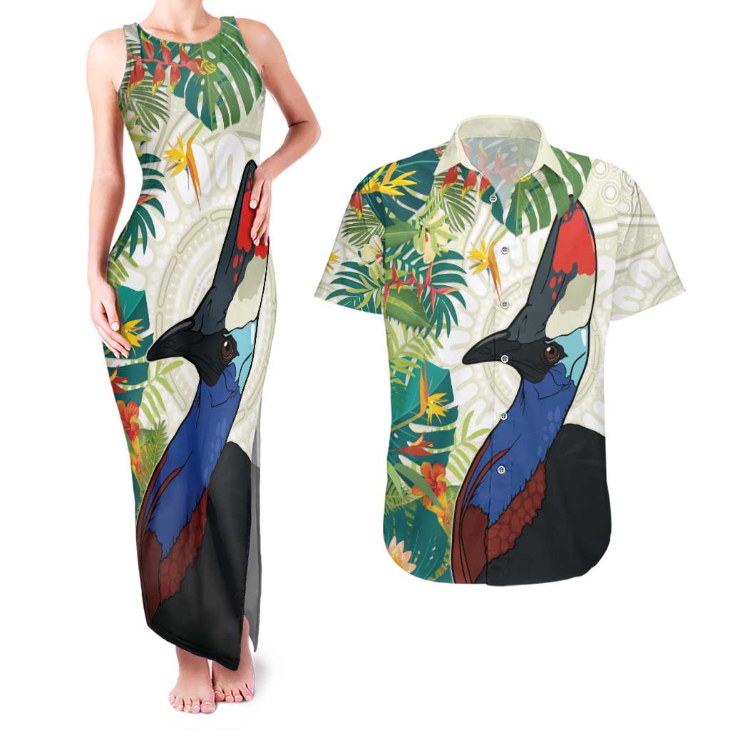 Cassowary Australia Couples Matching Tank Maxi Dress and Hawaiian Shirt Tropical Flowers Mix Aboriginal Art