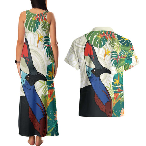 Cassowary Australia Couples Matching Tank Maxi Dress and Hawaiian Shirt Tropical Flowers Mix Aboriginal Art