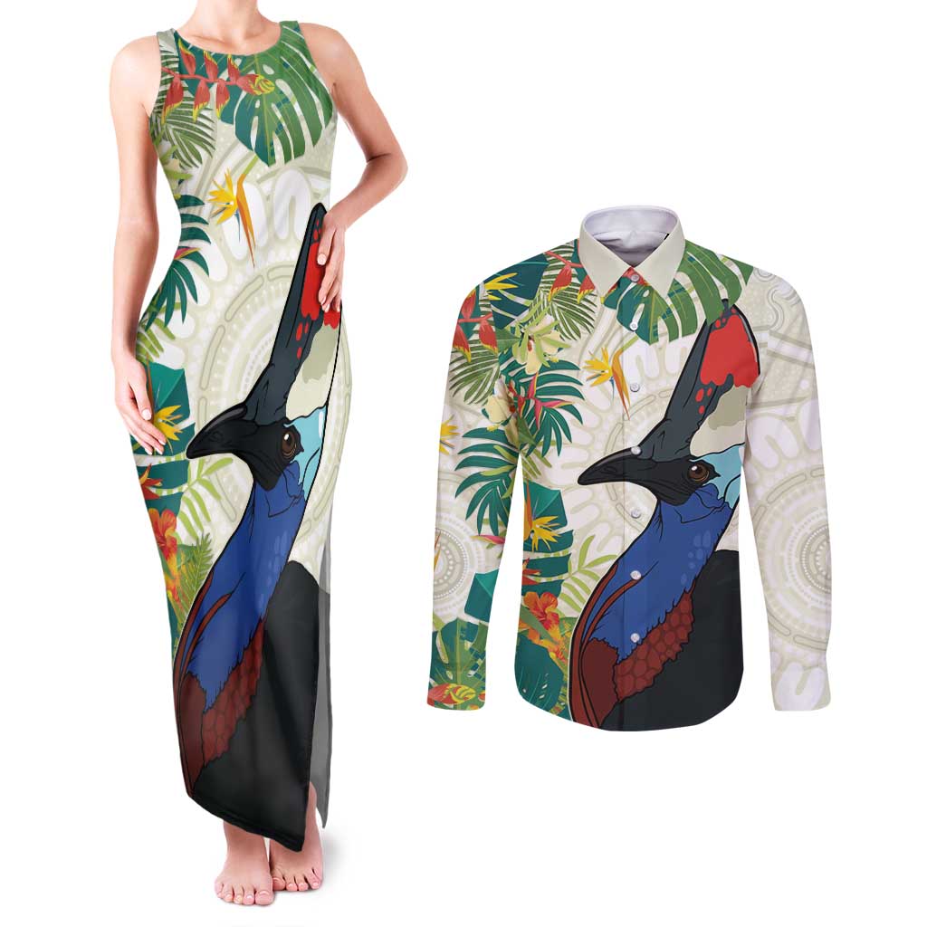 Cassowary Australia Couples Matching Tank Maxi Dress and Long Sleeve Button Shirt Tropical Flowers Mix Aboriginal Art