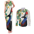 Cassowary Australia Couples Matching Tank Maxi Dress and Long Sleeve Button Shirt Tropical Flowers Mix Aboriginal Art