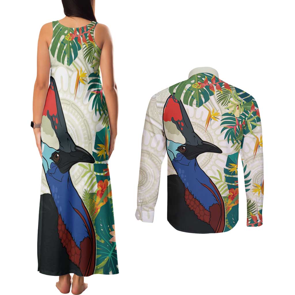 Cassowary Australia Couples Matching Tank Maxi Dress and Long Sleeve Button Shirt Tropical Flowers Mix Aboriginal Art