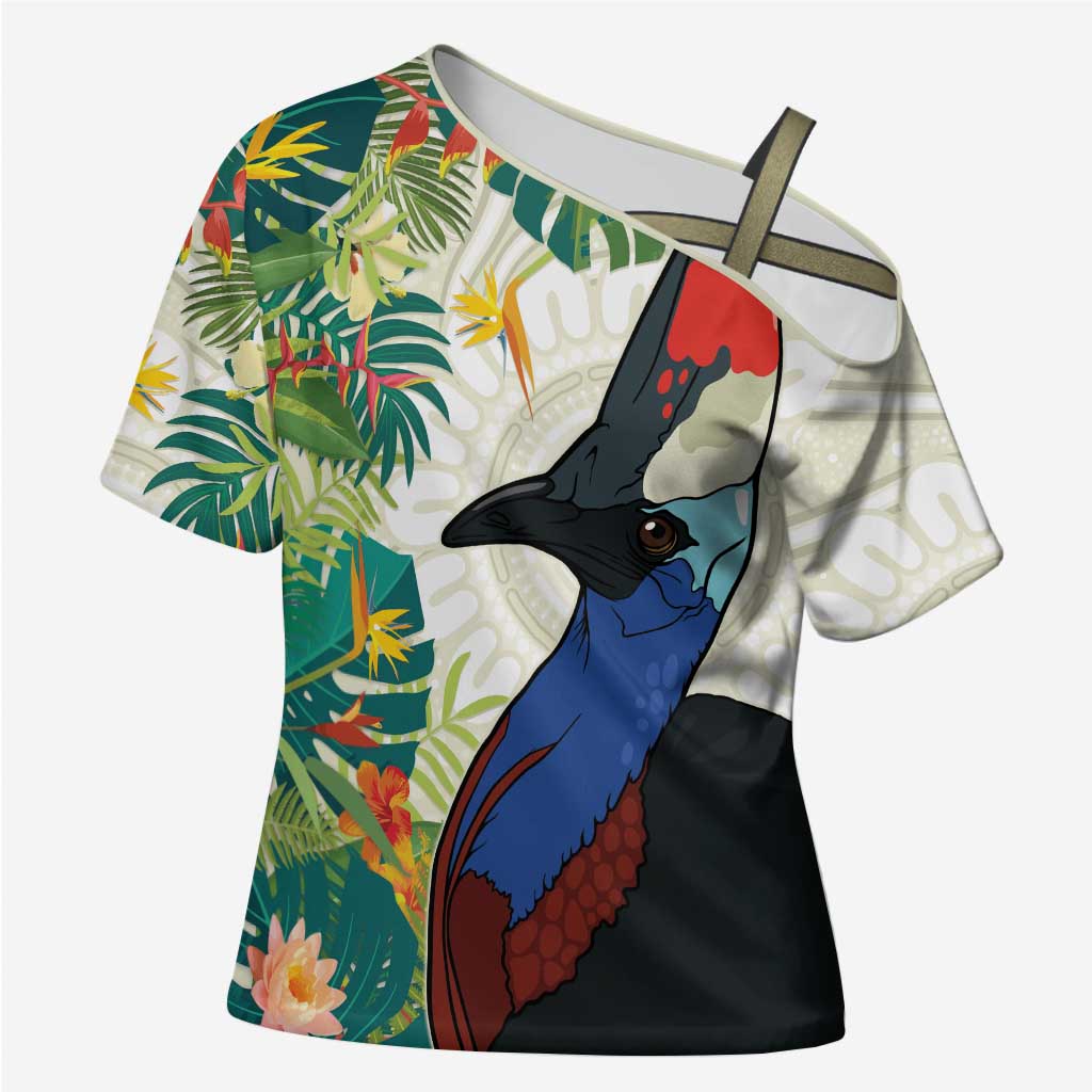 Cassowary Australia Cross Shoulder Shirt Tropical Flowers Mix Aboriginal Art - Aussie Hoodie