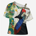 Cassowary Australia Cross Shoulder Shirt Tropical Flowers Mix Aboriginal Art - Aussie Hoodie