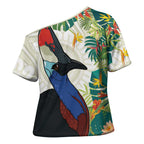 Cassowary Australia Cross Shoulder Shirt Tropical Flowers Mix Aboriginal Art - Aussie Hoodie