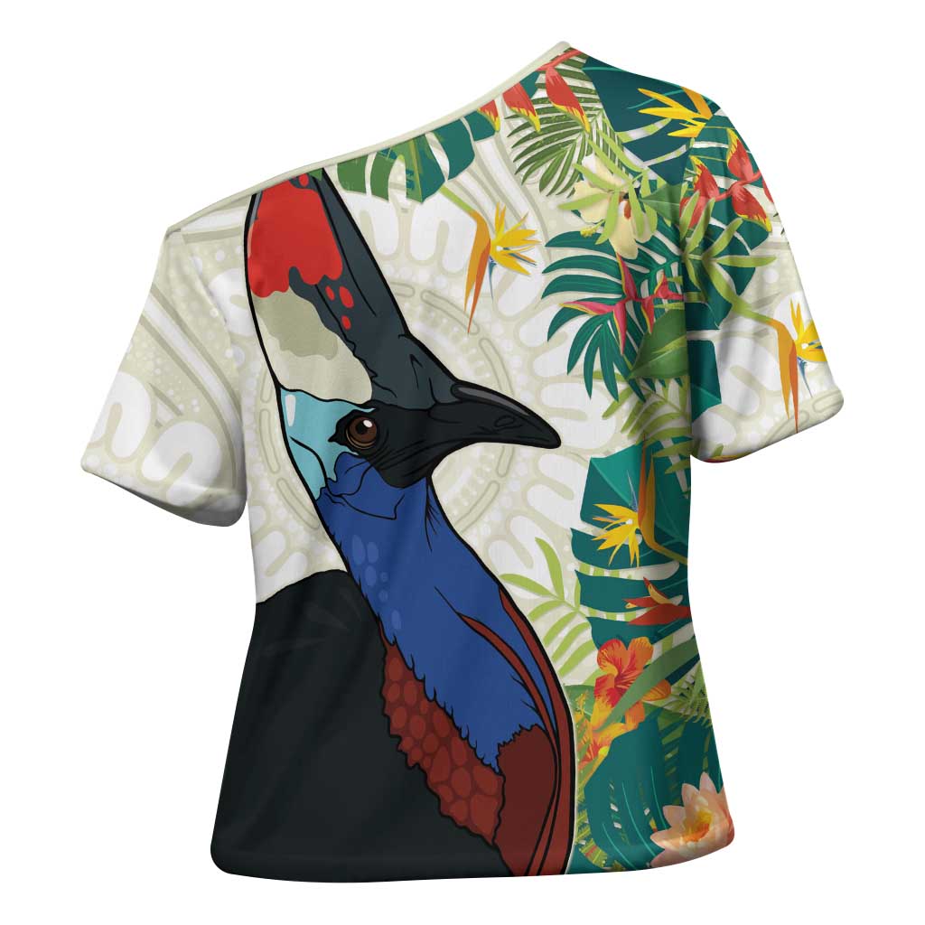 Cassowary Australia Cross Shoulder Shirt Tropical Flowers Mix Aboriginal Art - Aussie Hoodie