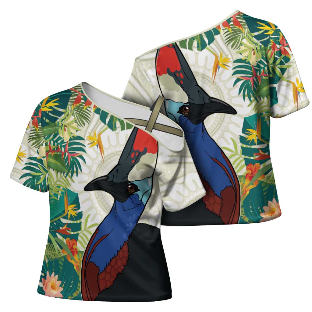 Cassowary Australia Cross Shoulder Shirt Tropical Flowers Mix Aboriginal Art - Aussie Hoodie
