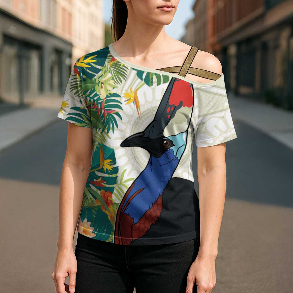 Cassowary Australia Cross Shoulder Shirt Tropical Flowers Mix Aboriginal Art - Aussie Hoodie