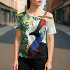 Cassowary Australia Cross Shoulder Shirt Tropical Flowers Mix Aboriginal Art - Aussie Hoodie