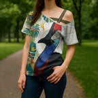 Cassowary Australia Cross Shoulder Shirt Tropical Flowers Mix Aboriginal Art - Aussie Hoodie