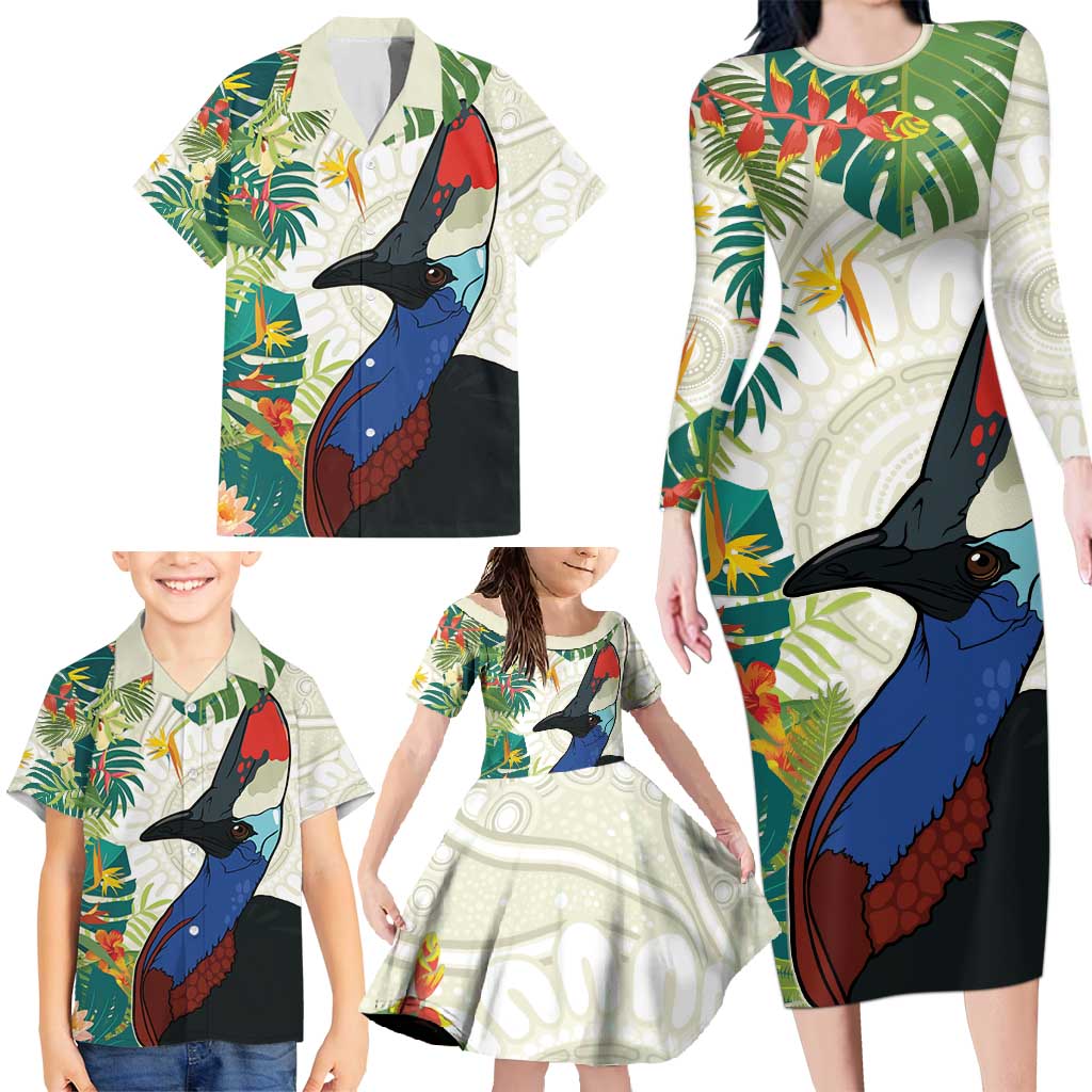 Cassowary Australia Family Matching Long Sleeve Bodycon Dress and Hawaiian Shirt Tropical Flowers Mix Aboriginal Art