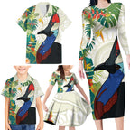 Cassowary Australia Family Matching Long Sleeve Bodycon Dress and Hawaiian Shirt Tropical Flowers Mix Aboriginal Art