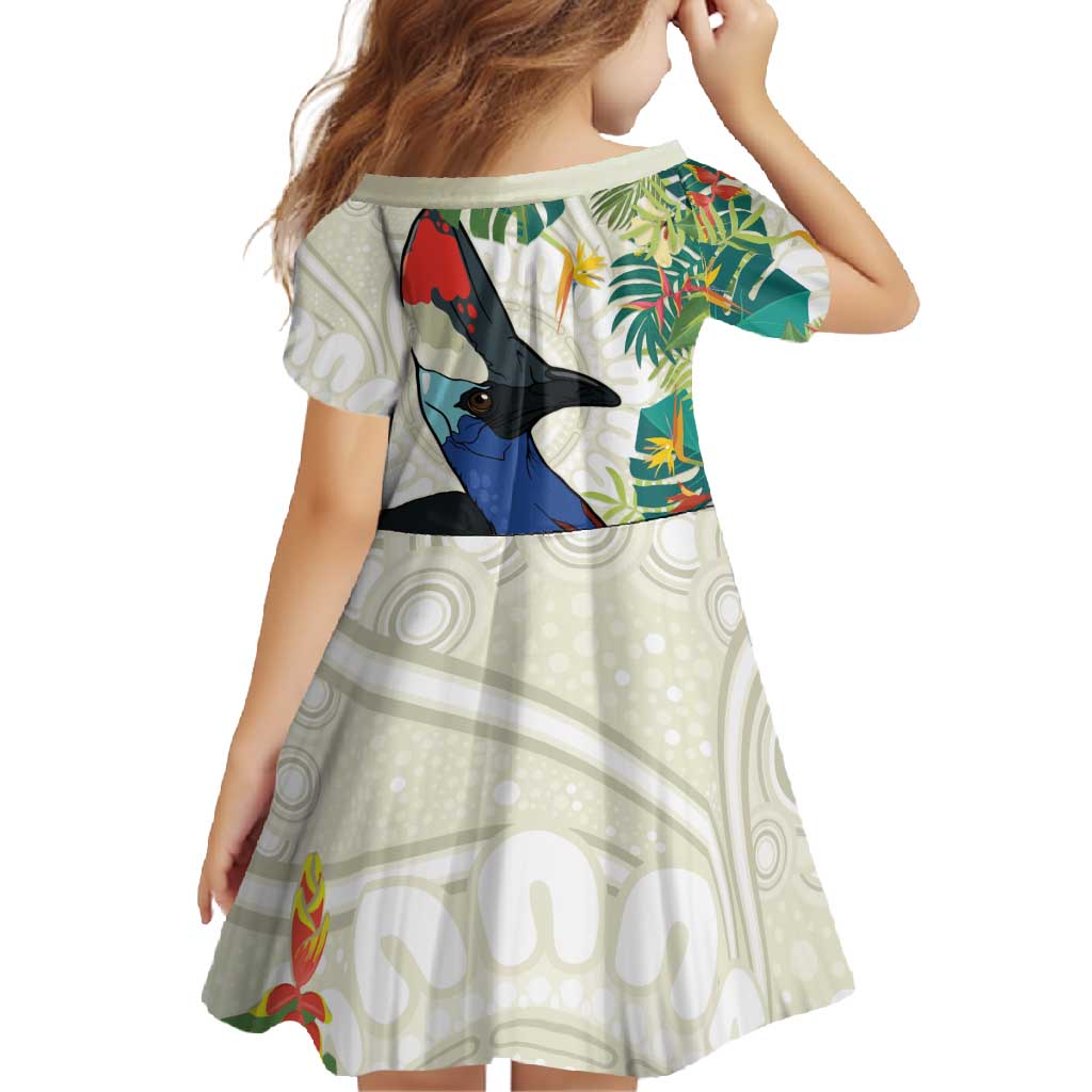 Cassowary Australia Family Matching Long Sleeve Bodycon Dress and Hawaiian Shirt Tropical Flowers Mix Aboriginal Art