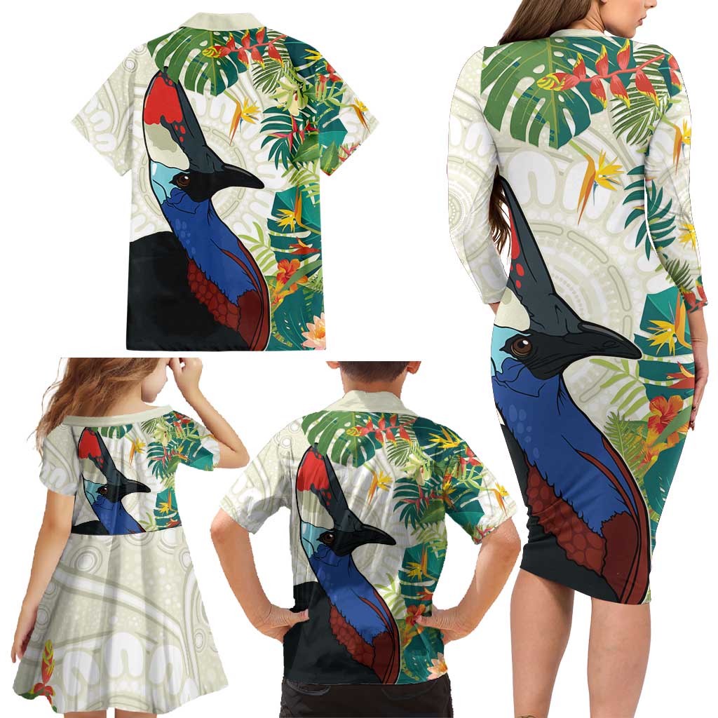 Cassowary Australia Family Matching Long Sleeve Bodycon Dress and Hawaiian Shirt Tropical Flowers Mix Aboriginal Art