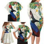Cassowary Australia Family Matching Long Sleeve Bodycon Dress and Hawaiian Shirt Tropical Flowers Mix Aboriginal Art