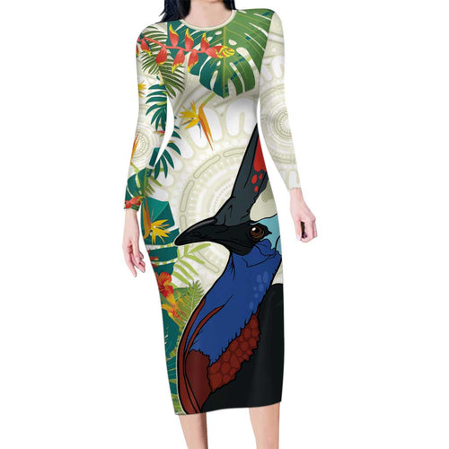 Cassowary Australia Family Matching Long Sleeve Bodycon Dress and Hawaiian Shirt Tropical Flowers Mix Aboriginal Art