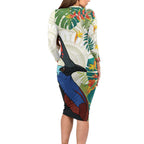 Cassowary Australia Family Matching Long Sleeve Bodycon Dress and Hawaiian Shirt Tropical Flowers Mix Aboriginal Art