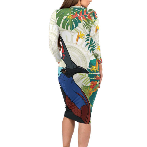 Cassowary Australia Family Matching Long Sleeve Bodycon Dress and Hawaiian Shirt Tropical Flowers Mix Aboriginal Art