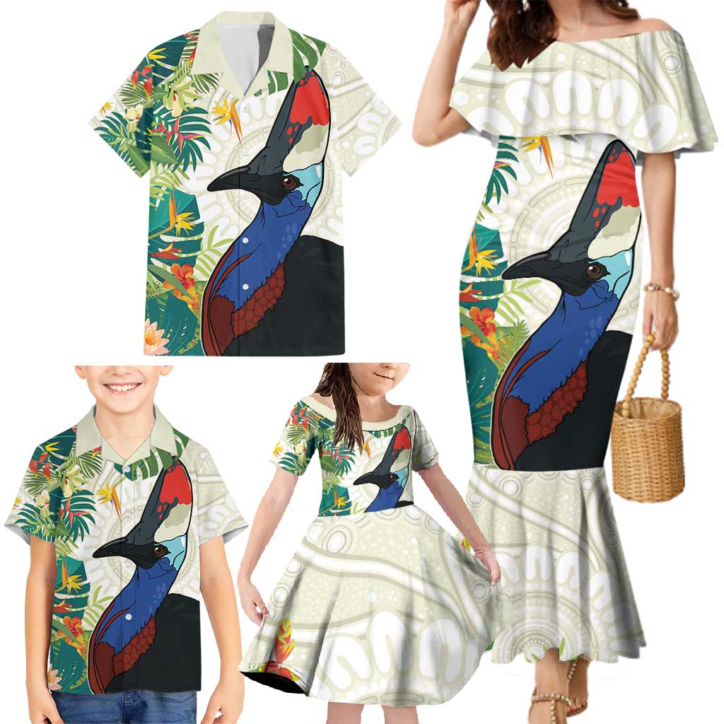 Cassowary Australia Family Matching Mermaid Dress and Hawaiian Shirt Tropical Flowers Mix Aboriginal Art