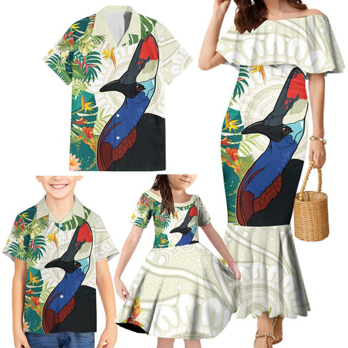 Cassowary Australia Family Matching Mermaid Dress and Hawaiian Shirt Tropical Flowers Mix Aboriginal Art