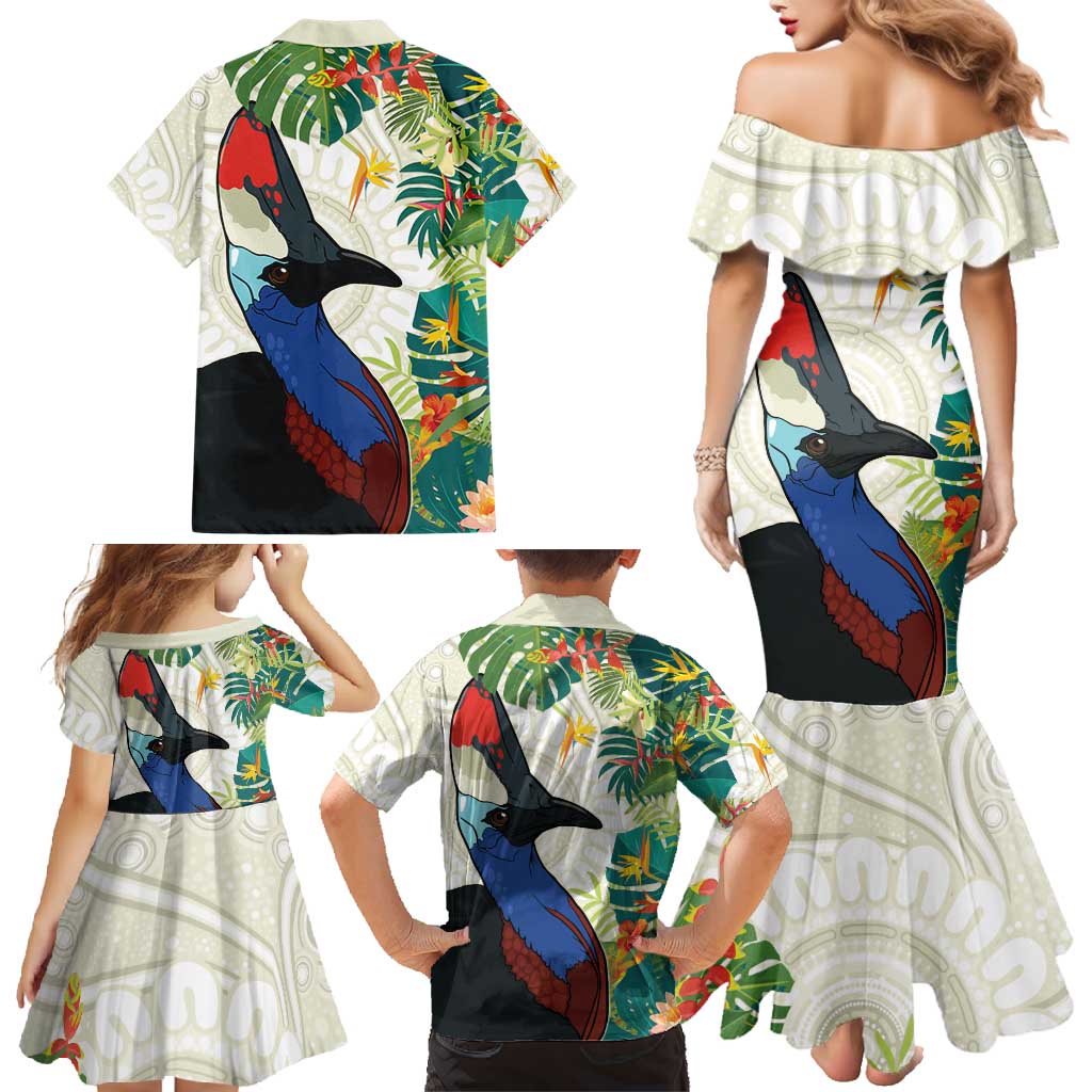 Cassowary Australia Family Matching Mermaid Dress and Hawaiian Shirt Tropical Flowers Mix Aboriginal Art