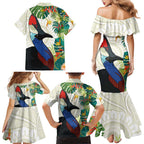 Cassowary Australia Family Matching Mermaid Dress and Hawaiian Shirt Tropical Flowers Mix Aboriginal Art