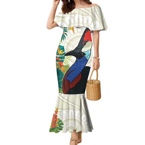 Cassowary Australia Family Matching Mermaid Dress and Hawaiian Shirt Tropical Flowers Mix Aboriginal Art