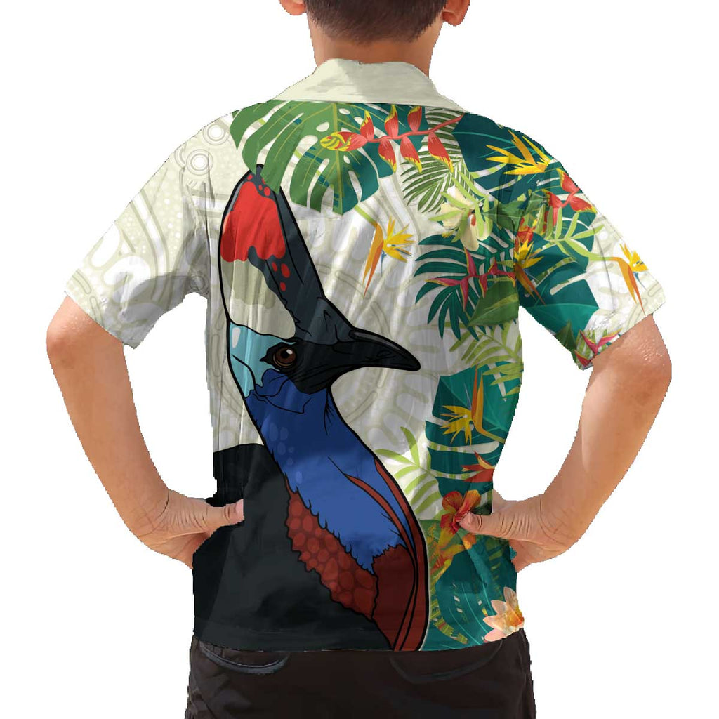 Cassowary Australia Family Matching Off The Shoulder Long Sleeve Dress and Hawaiian Shirt Tropical Flowers Mix Aboriginal Art