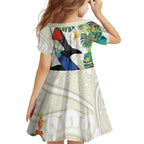 Cassowary Australia Family Matching Off The Shoulder Long Sleeve Dress and Hawaiian Shirt Tropical Flowers Mix Aboriginal Art