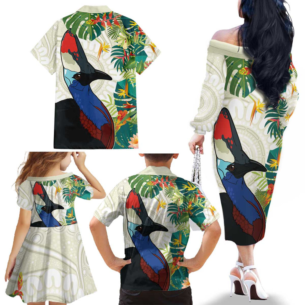 Cassowary Australia Family Matching Off The Shoulder Long Sleeve Dress and Hawaiian Shirt Tropical Flowers Mix Aboriginal Art