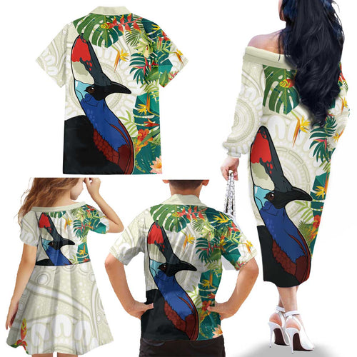 Cassowary Australia Family Matching Off The Shoulder Long Sleeve Dress and Hawaiian Shirt Tropical Flowers Mix Aboriginal Art