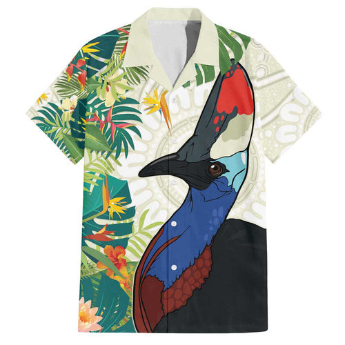 Cassowary Australia Family Matching Off The Shoulder Long Sleeve Dress and Hawaiian Shirt Tropical Flowers Mix Aboriginal Art