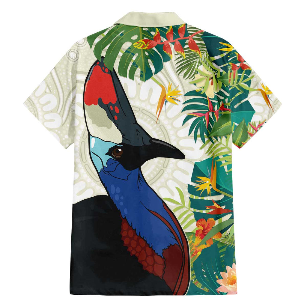 Cassowary Australia Family Matching Off The Shoulder Long Sleeve Dress and Hawaiian Shirt Tropical Flowers Mix Aboriginal Art