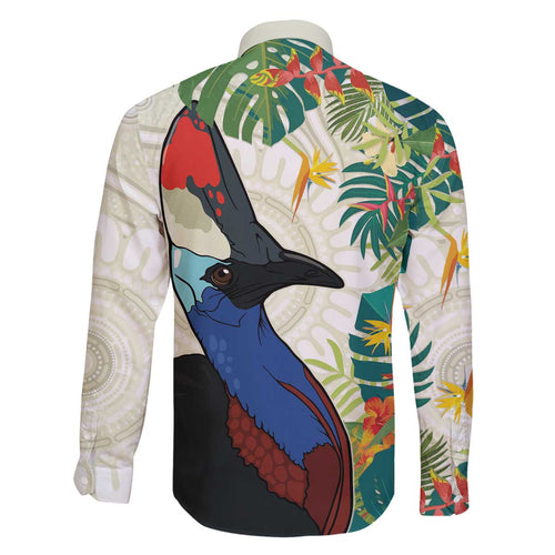 Cassowary Australia Family Matching Off The Shoulder Long Sleeve Dress and Hawaiian Shirt Tropical Flowers Mix Aboriginal Art