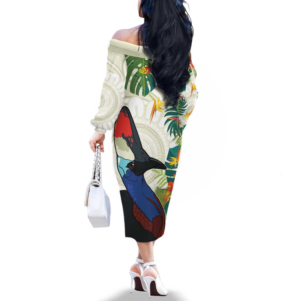 Cassowary Australia Family Matching Off The Shoulder Long Sleeve Dress and Hawaiian Shirt Tropical Flowers Mix Aboriginal Art