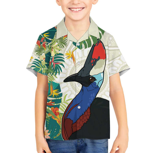 Cassowary Australia Family Matching Off The Shoulder Long Sleeve Dress and Hawaiian Shirt Tropical Flowers Mix Aboriginal Art