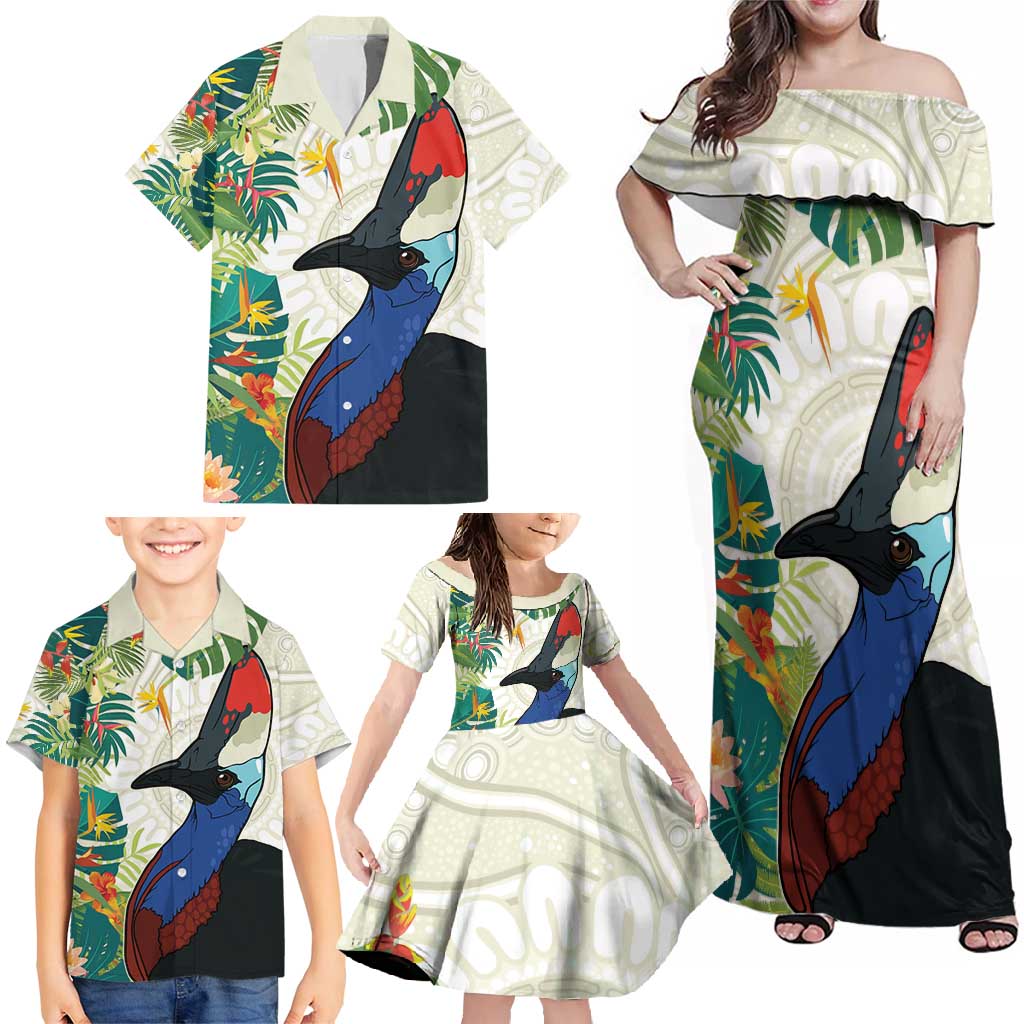Cassowary Australia Family Matching Off Shoulder Maxi Dress and Hawaiian Shirt Tropical Flowers Mix Aboriginal Art