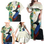 Cassowary Australia Family Matching Off Shoulder Maxi Dress and Hawaiian Shirt Tropical Flowers Mix Aboriginal Art
