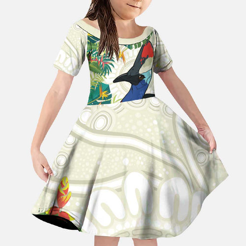 Cassowary Australia Family Matching Off Shoulder Maxi Dress and Hawaiian Shirt Tropical Flowers Mix Aboriginal Art