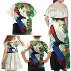 Cassowary Australia Family Matching Off Shoulder Maxi Dress and Hawaiian Shirt Tropical Flowers Mix Aboriginal Art